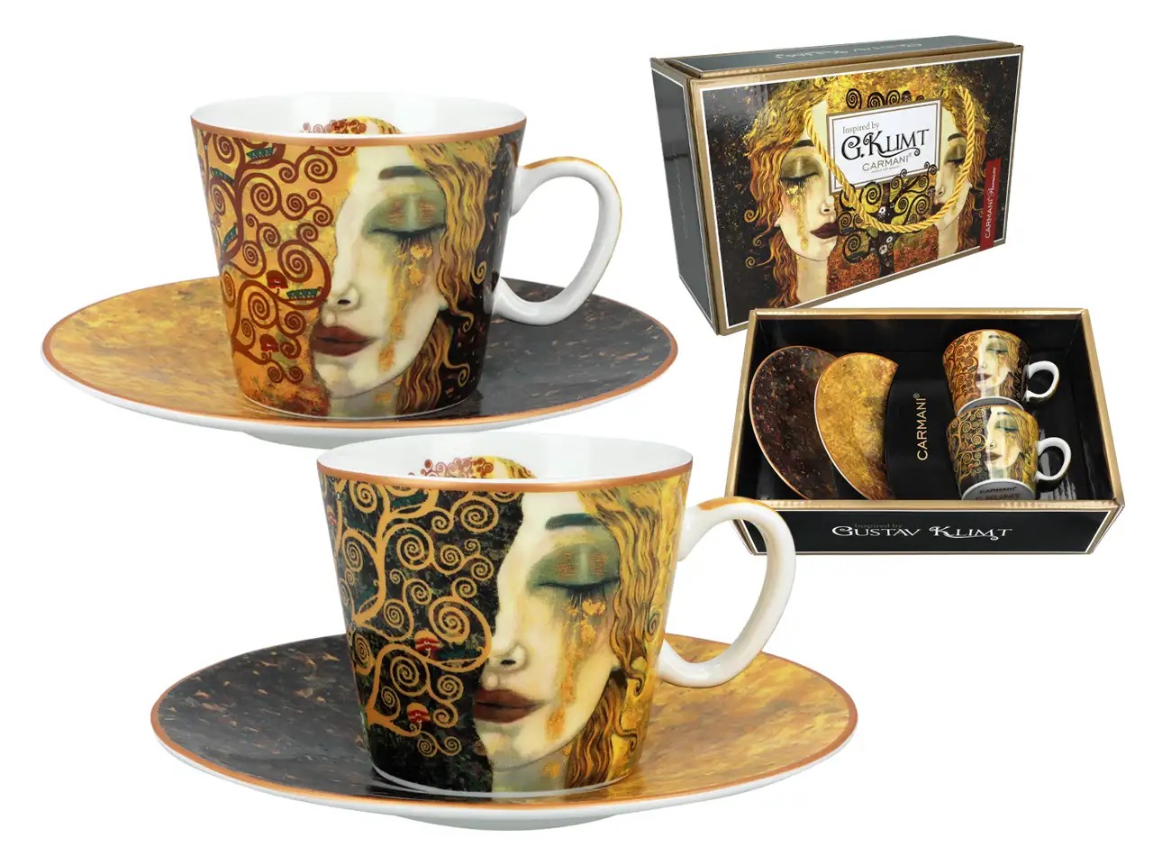 Komplet 2 Filiżanek Espresso Carmani Gustav Klimt Złote Łzy – Białe i Czarne Tło