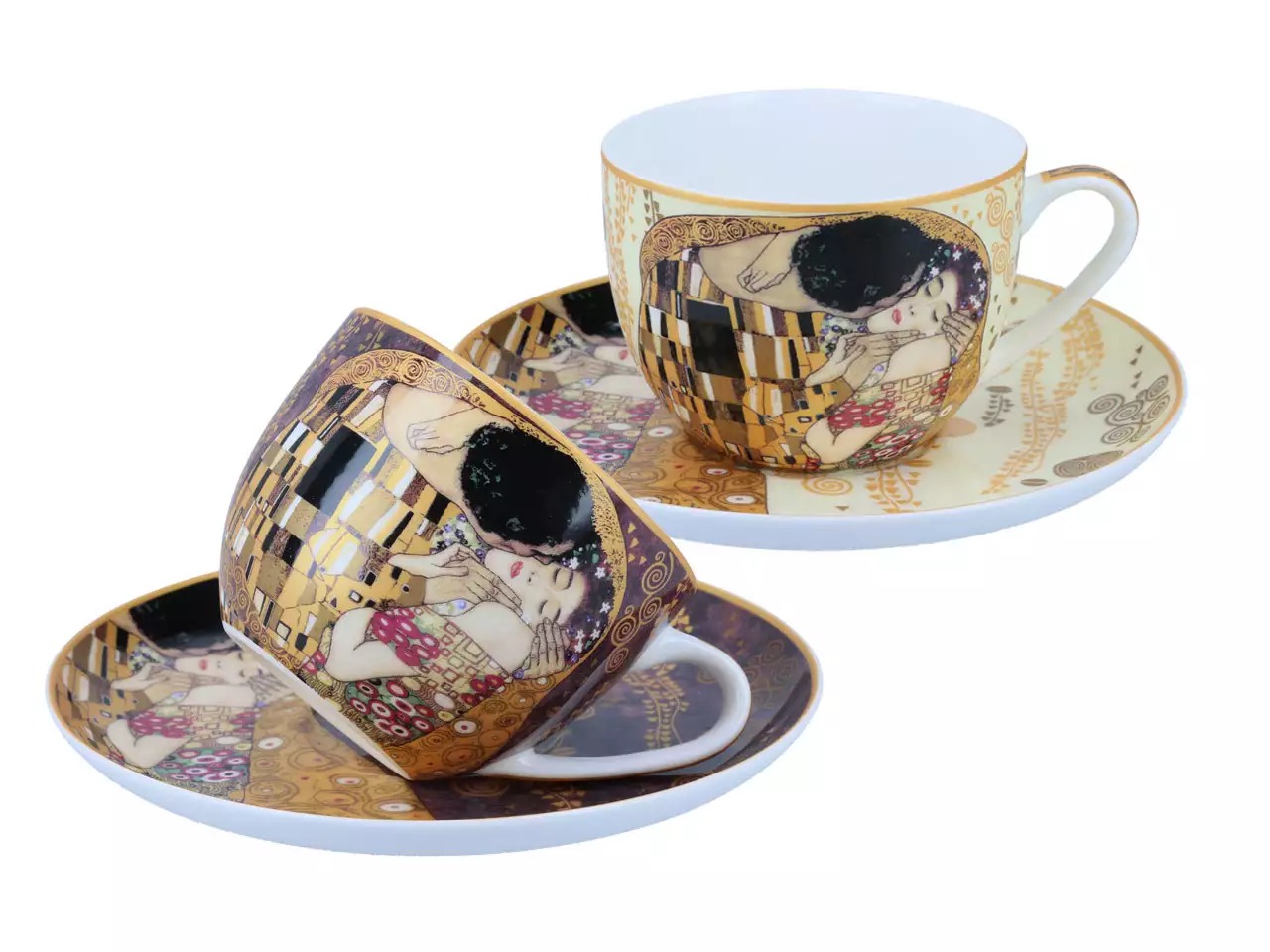 Komplet 2 Filiżanek ze Spodkami Carmani Gustav Klimt Pocałunek – Kremowe i Brązowe Tło - obrazek 2