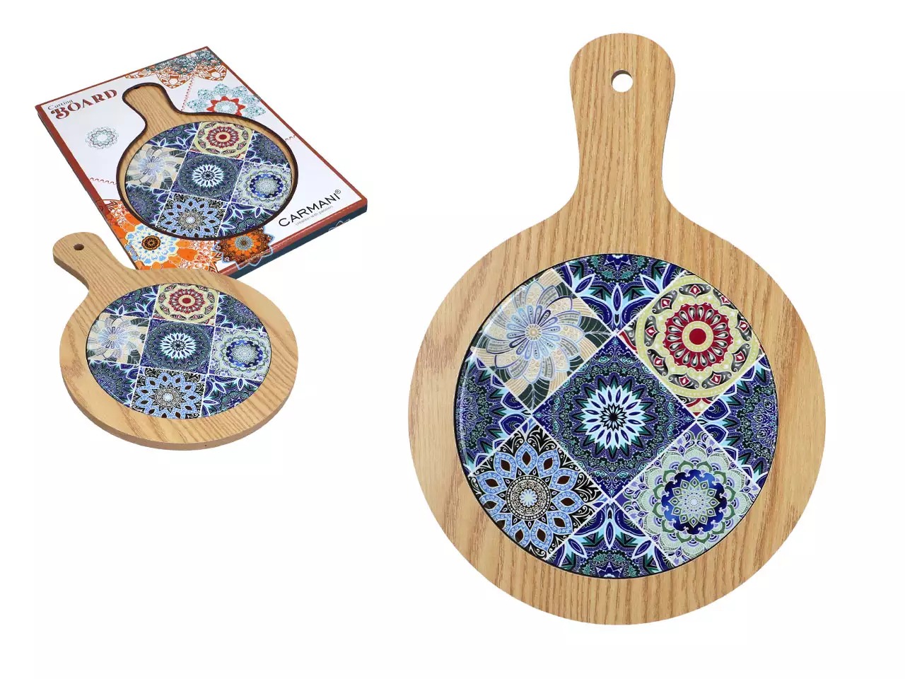 Okrągła drewniana deska Carmani Mozaika Mandala (Granat i Burgund)